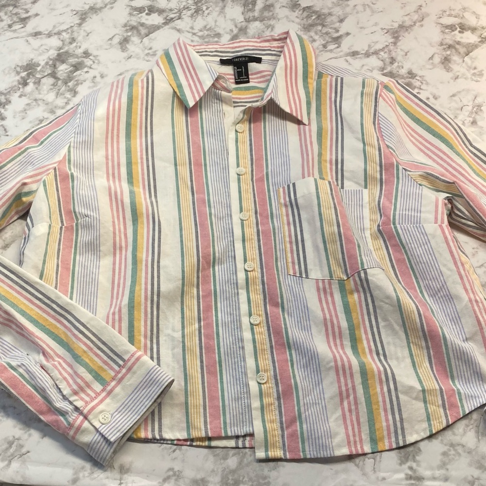 Forever 21 MultiColor Striped Crop Button Front Long Sleeve Top Size Large - Picture 12 of 15